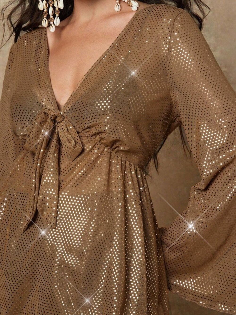 Brown Sequin Front Knot Flare Sleeve Women's Plus Size Blouse